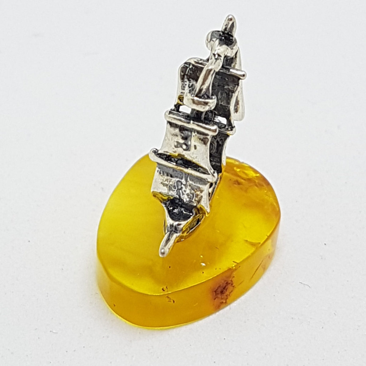 Viking Sailing Ship – Solid Sterling Silver Natural Baltic Butter Amber Small Figurine / Statue / Sculpture
