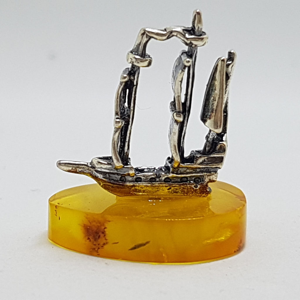 Viking Sailing Ship – Solid Sterling Silver Natural Baltic Butter Amber Small Figurine / Statue / Sculpture