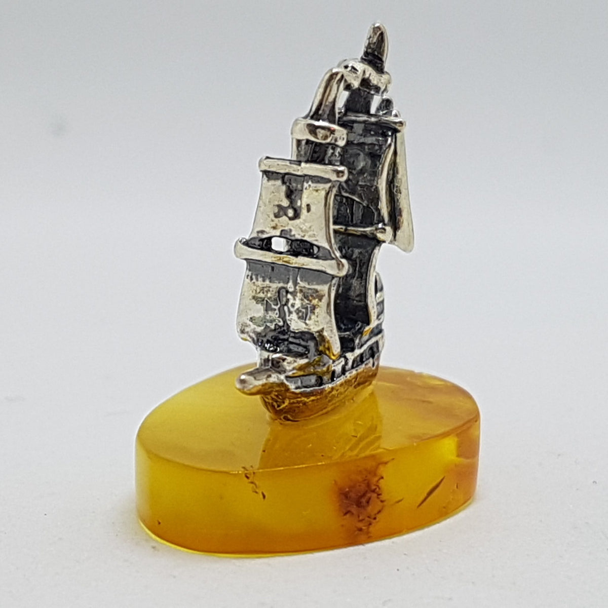 Viking Sailing Ship – Solid Sterling Silver Natural Baltic Butter Amber Small Figurine / Statue / Sculpture
