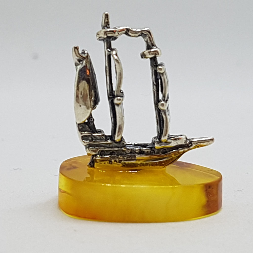Viking Sailing Ship – Solid Sterling Silver Natural Baltic Butter Amber Small Figurine / Statue / Sculpture