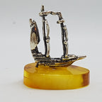 Viking Sailing Ship – Solid Sterling Silver Natural Baltic Butter Amber Small Figurine / Statue / Sculpture