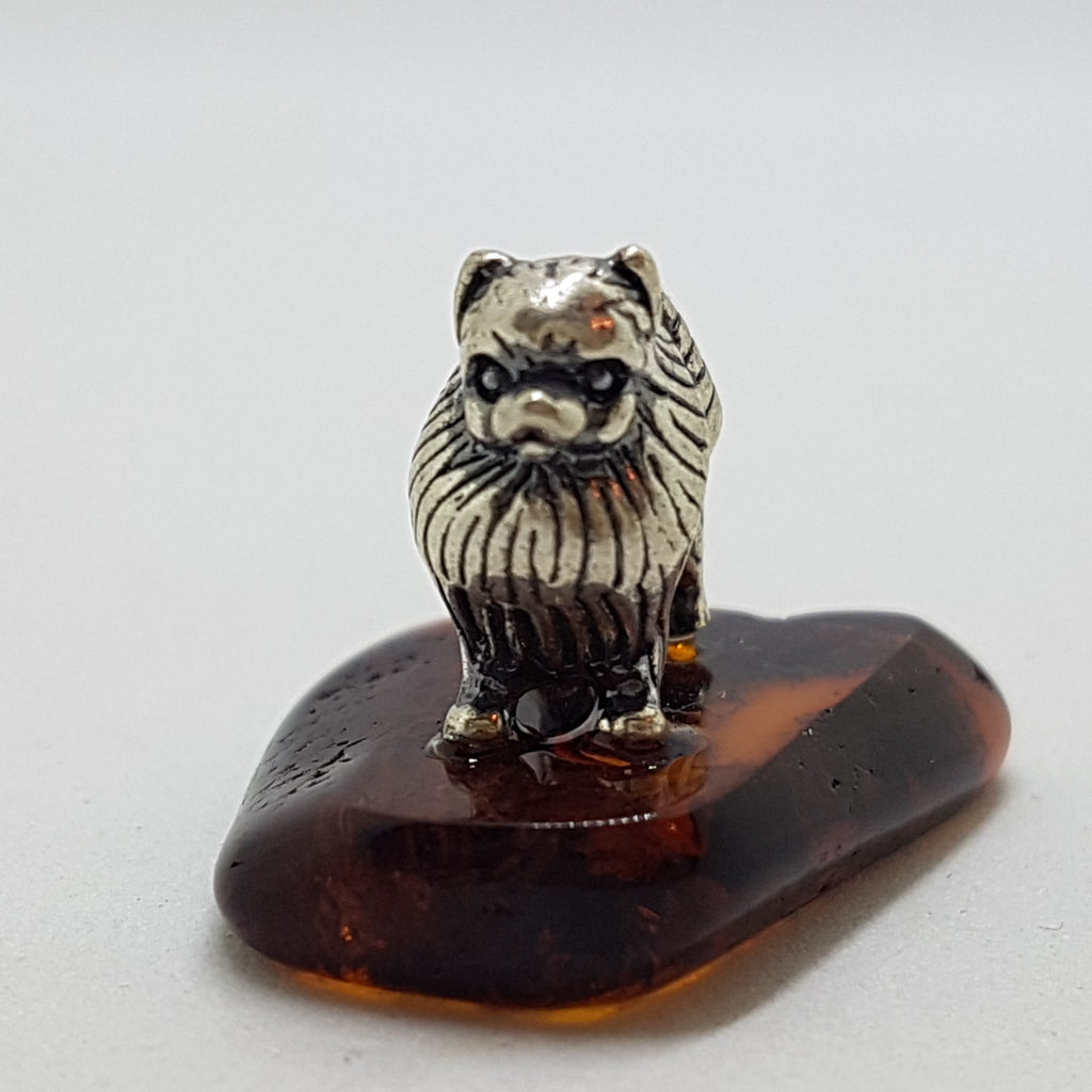 Pekinese / Pomeranian Dog  – Solid Sterling Silver Natural Baltic Amber Small Animal Figurine / Statue / Sculpture