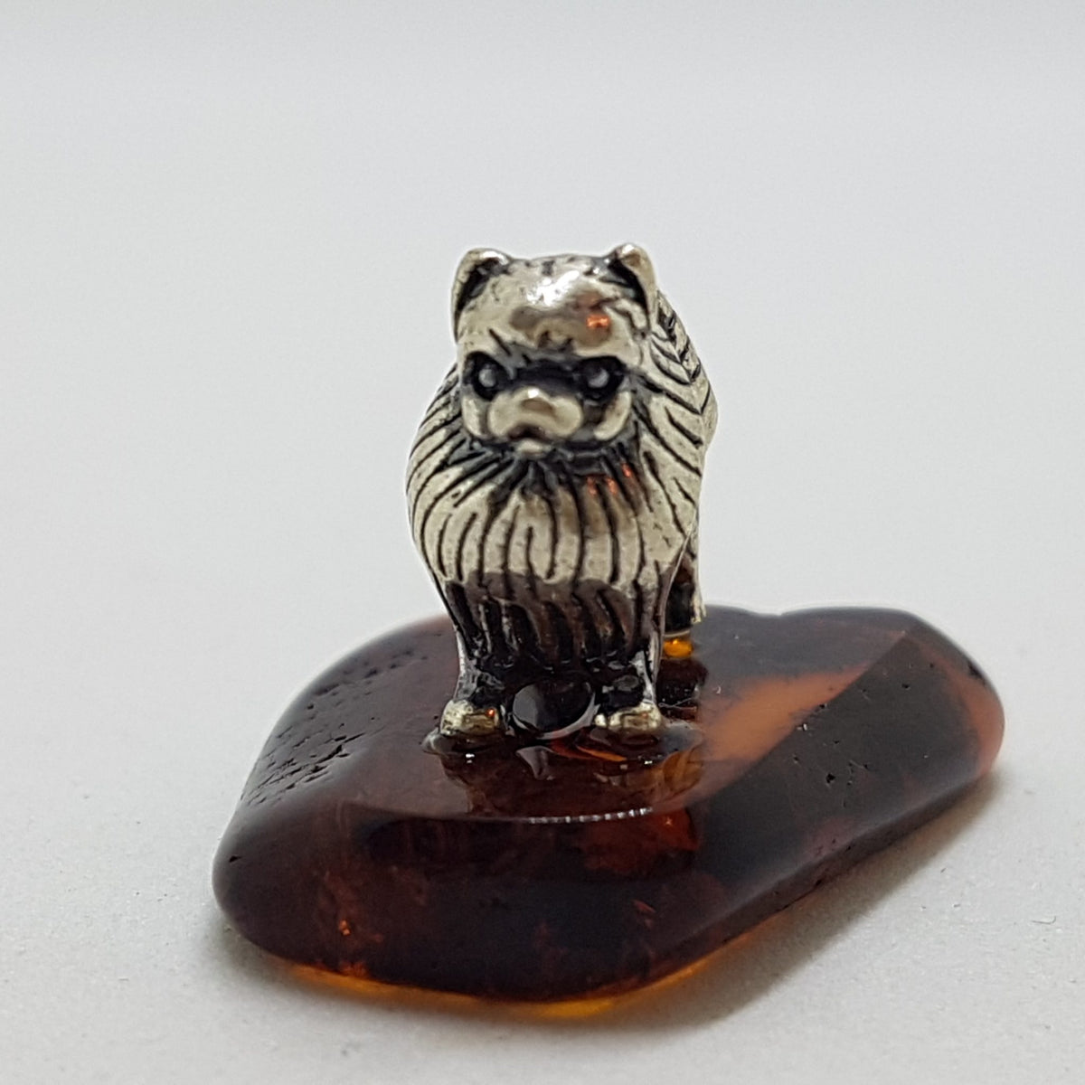 Pekinese / Pomeranian Dog  – Solid Sterling Silver Natural Baltic Amber Small Animal Figurine / Statue / Sculpture