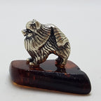 Pekinese / Pomeranian Dog  – Solid Sterling Silver Natural Baltic Amber Small Animal Figurine / Statue / Sculpture