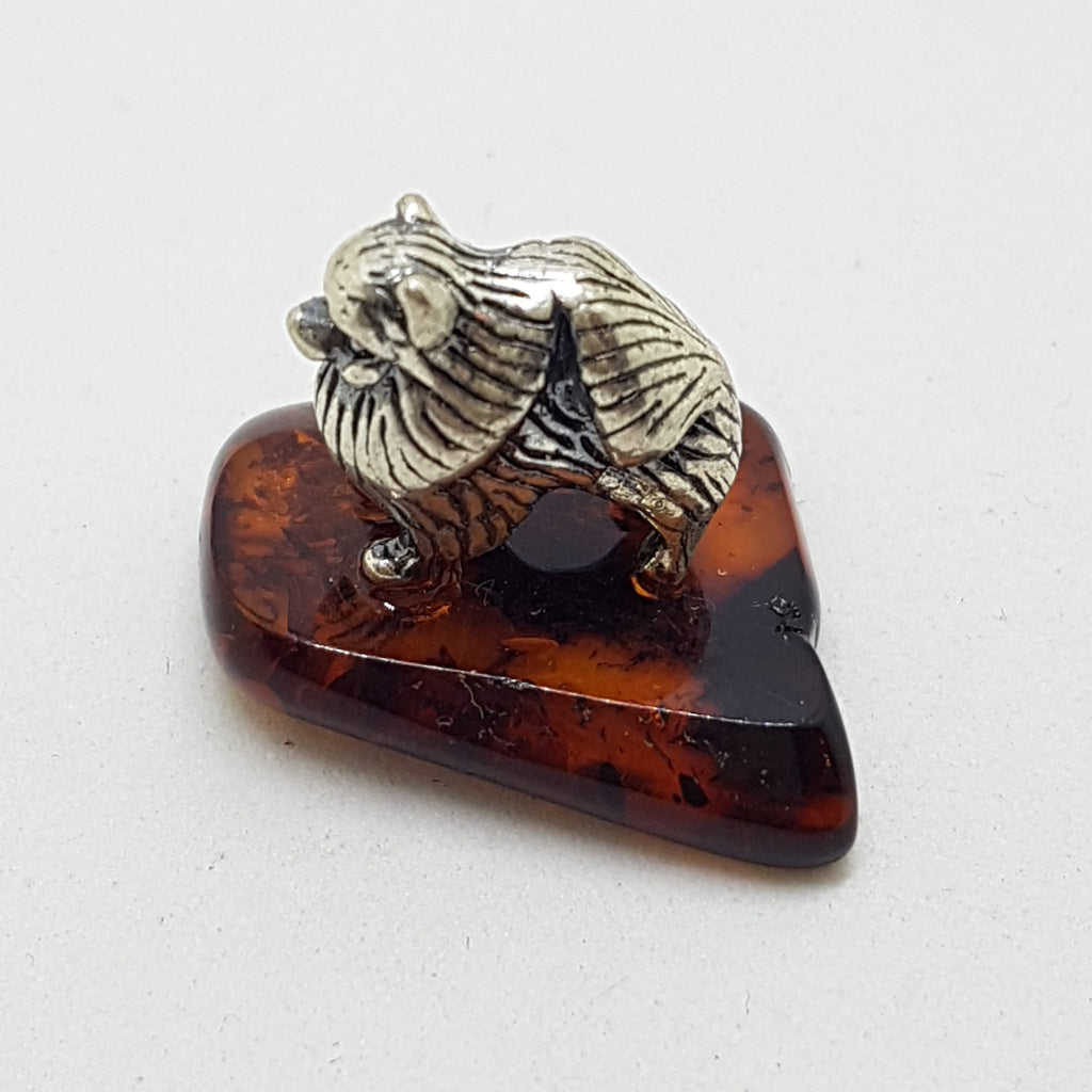 Pekinese / Pomeranian Dog  – Solid Sterling Silver Natural Baltic Amber Small Animal Figurine / Statue / Sculpture