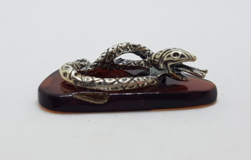 Rattle Snake / Adder / Reptile  – Solid Sterling Silver Natural Baltic Amber Small Animal Figurine / Statue / Sculpture