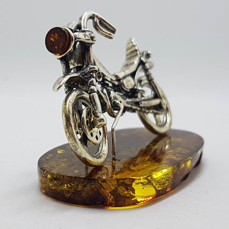 Harley Davidson Motorcycle / Motorbike  – Solid Sterling Silver Natural Baltic Amber Figurine / Statue / Sculpture