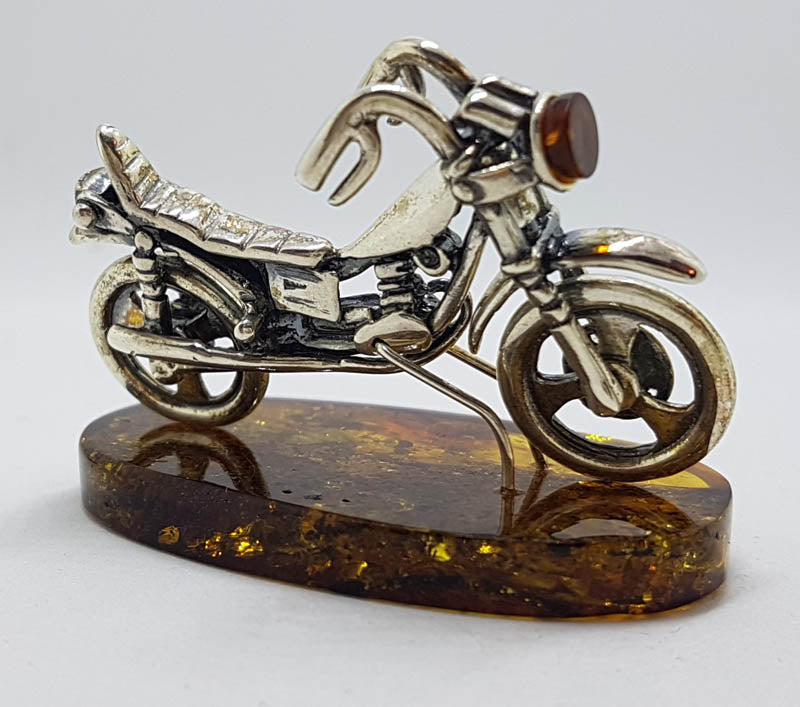Harley Davidson Motorcycle / Motorbike  – Solid Sterling Silver Natural Baltic Amber Figurine / Statue / Sculpture