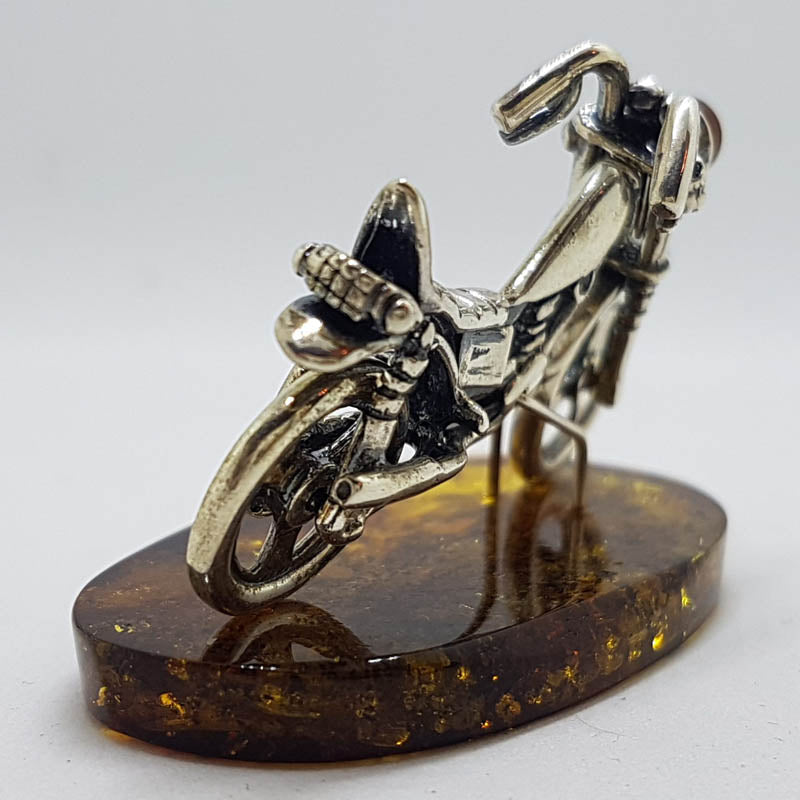 Harley Davidson Motorcycle / Motorbike  – Solid Sterling Silver Natural Baltic Amber Figurine / Statue / Sculpture