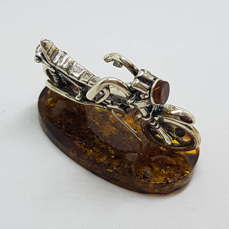 Harley Davidson Motorcycle / Motorbike  – Solid Sterling Silver Natural Baltic Amber Figurine / Statue / Sculpture
