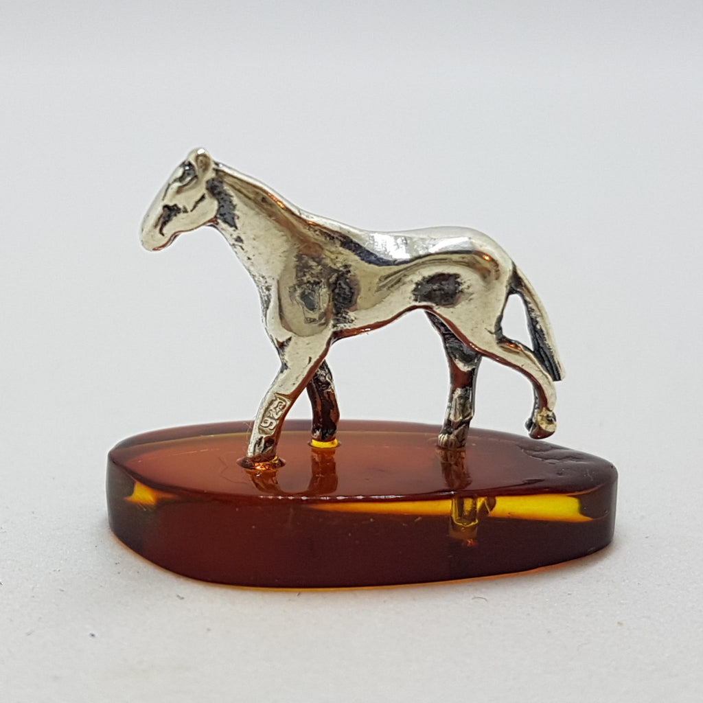 Horse / Equestrian - Solid Sterling Silver Natural Baltic Amber Small Animal Figurine / Statue / Sculpture
