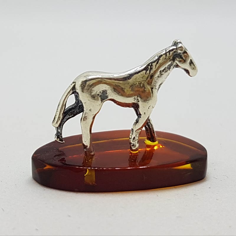 Horse / Equestrian - Solid Sterling Silver Natural Baltic Amber Small Animal Figurine / Statue / Sculpture