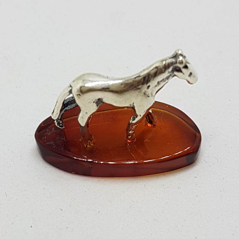 Horse / Equestrian - Solid Sterling Silver Natural Baltic Amber Small Animal Figurine / Statue / Sculpture