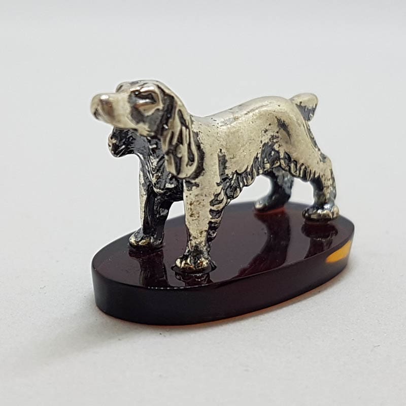 Spaniel Dog - Solid Sterling Silver Natural Baltic Amber Animal Figurine / Statue / Sculpture