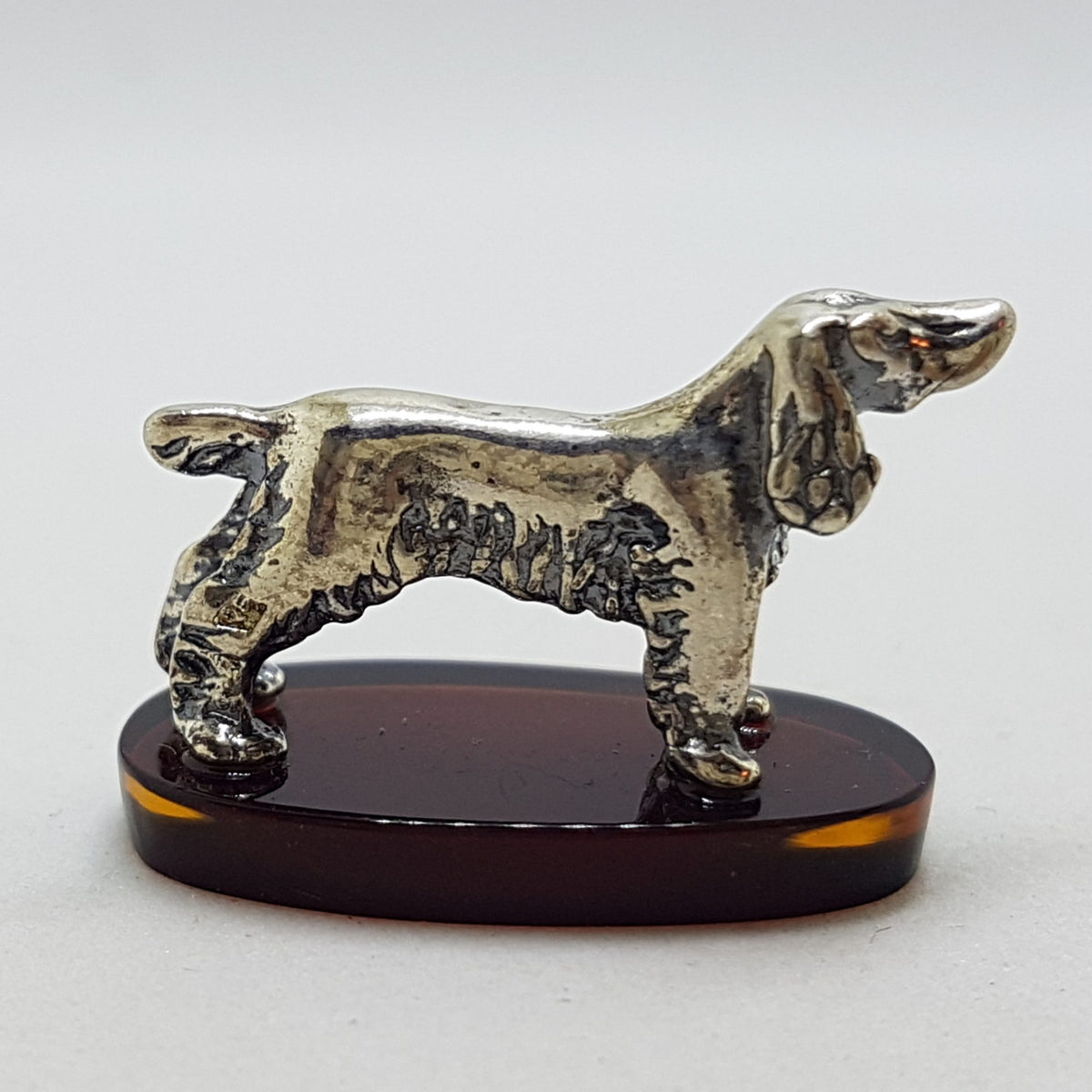 Spaniel Dog - Solid Sterling Silver Natural Baltic Amber Animal Figurine / Statue / Sculpture