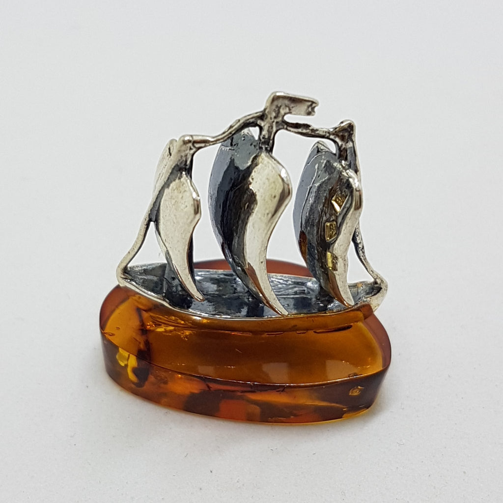 Sailing / Viking Ship  / Boat / Yacht – Solid Sterling Silver Natural Baltic Amber Small Figurine / Statue / Sculpture