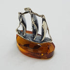Sailing / Viking Ship  / Boat / Yacht – Solid Sterling Silver Natural Baltic Amber Small Figurine / Statue / Sculpture