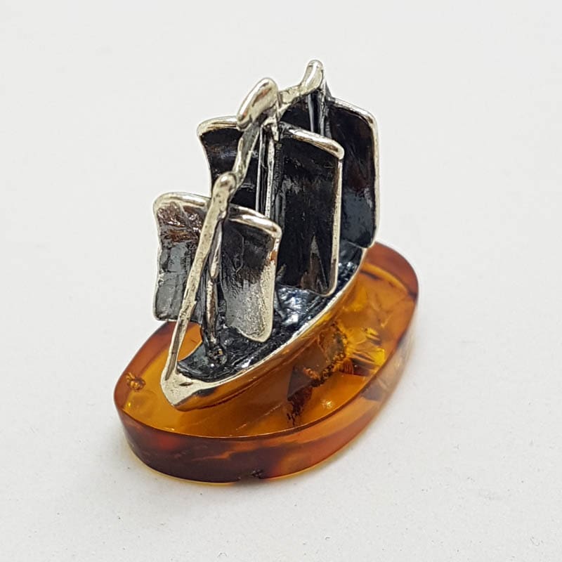 Sailing / Viking Ship  / Boat / Yacht – Solid Sterling Silver Natural Baltic Amber Small Figurine / Statue / Sculpture