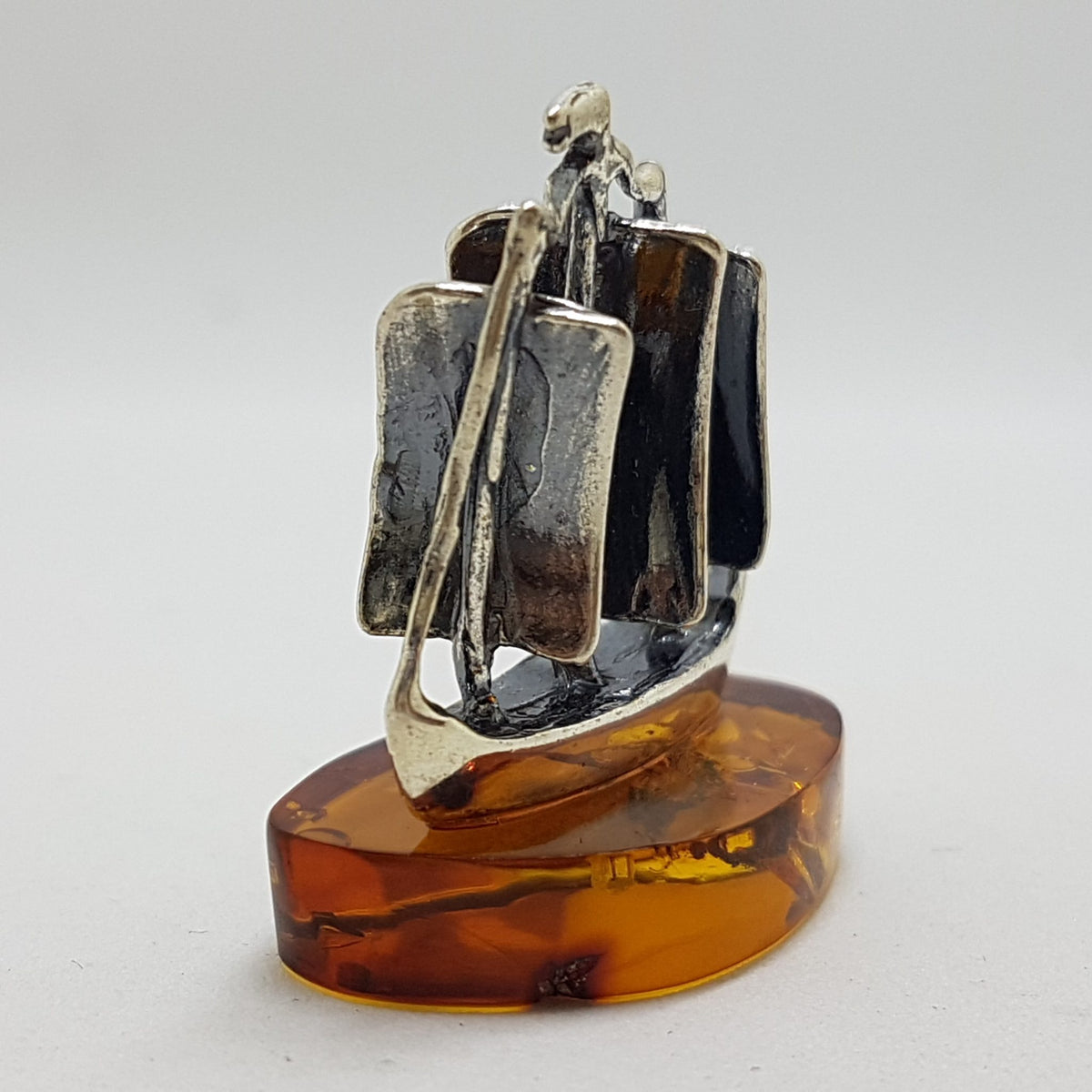 Sailing / Viking Ship  / Boat / Yacht – Solid Sterling Silver Natural Baltic Amber Small Figurine / Statue / Sculpture