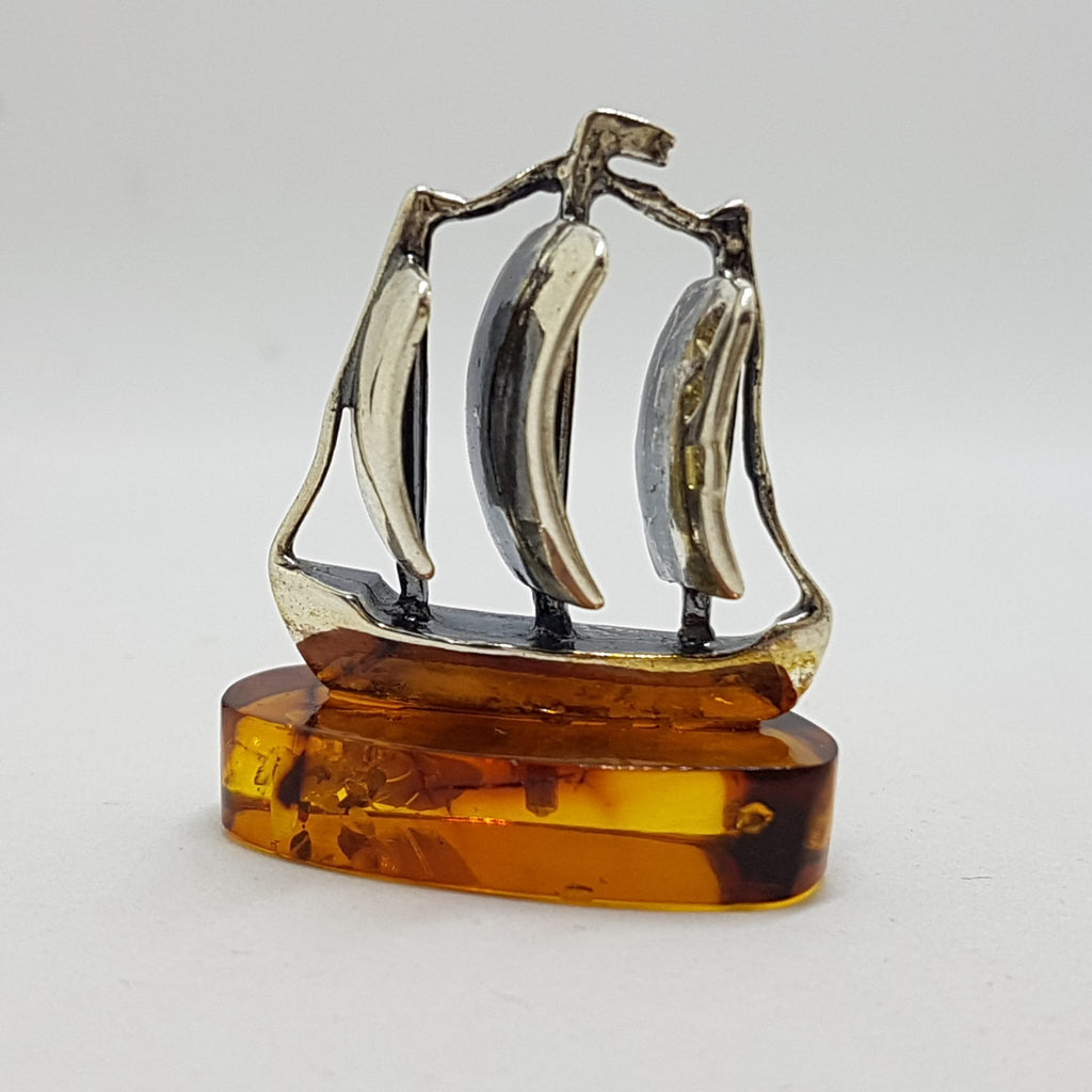 Sailing / Viking Ship  / Boat / Yacht – Solid Sterling Silver Natural Baltic Amber Small Figurine / Statue / Sculpture