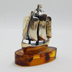 Sailing / Viking Ship  / Boat / Yacht – Solid Sterling Silver Natural Baltic Amber Small Figurine / Statue / Sculpture
