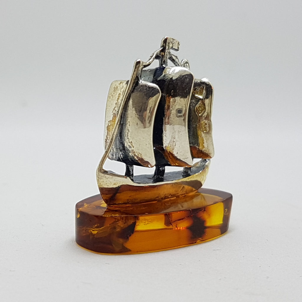 Sailing / Viking Ship  / Boat / Yacht – Solid Sterling Silver Natural Baltic Amber Small Figurine / Statue / Sculpture