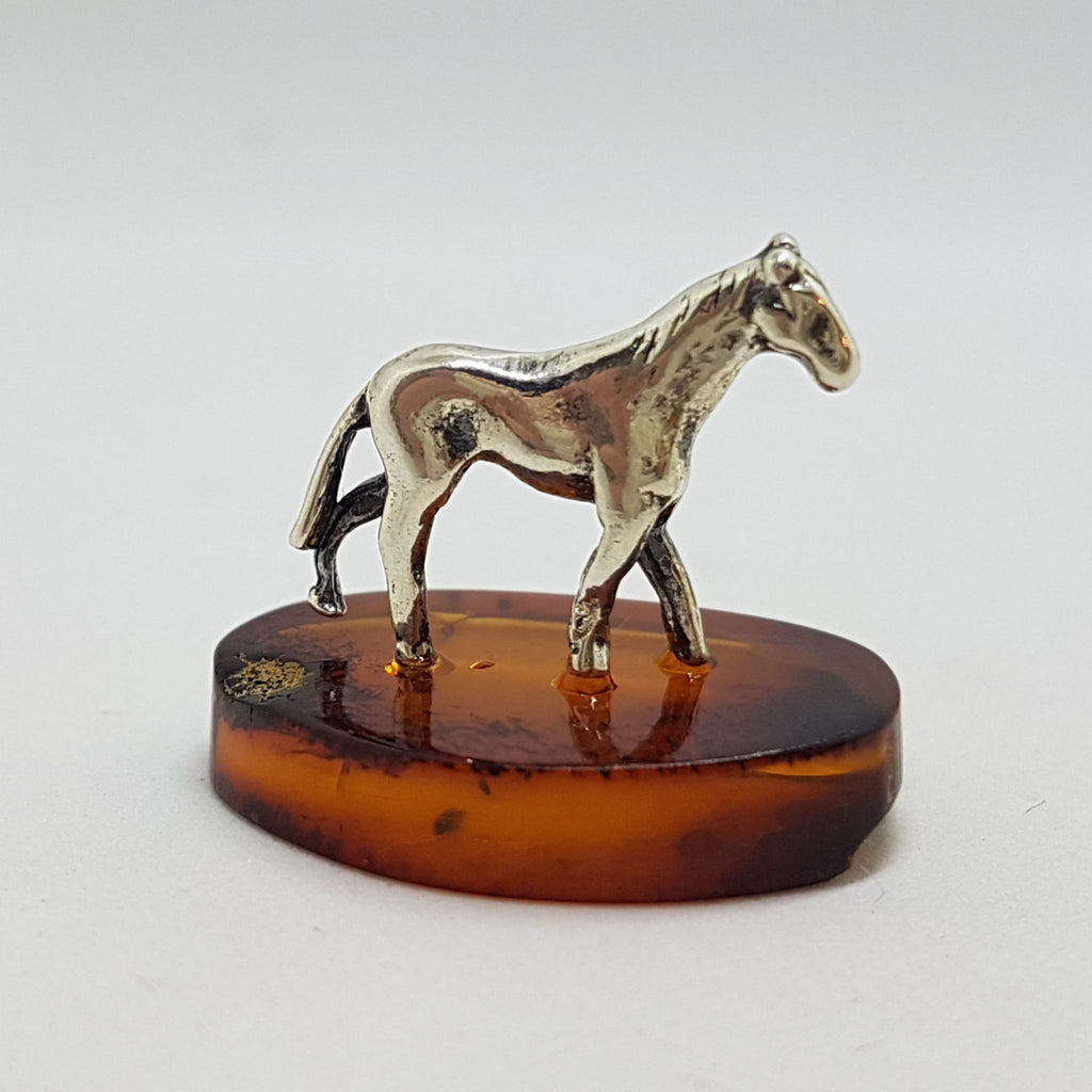 Horse / Equestrian - Solid Sterling Silver Natural Baltic Amber Small Animal Figurine / Statue / Sculpture