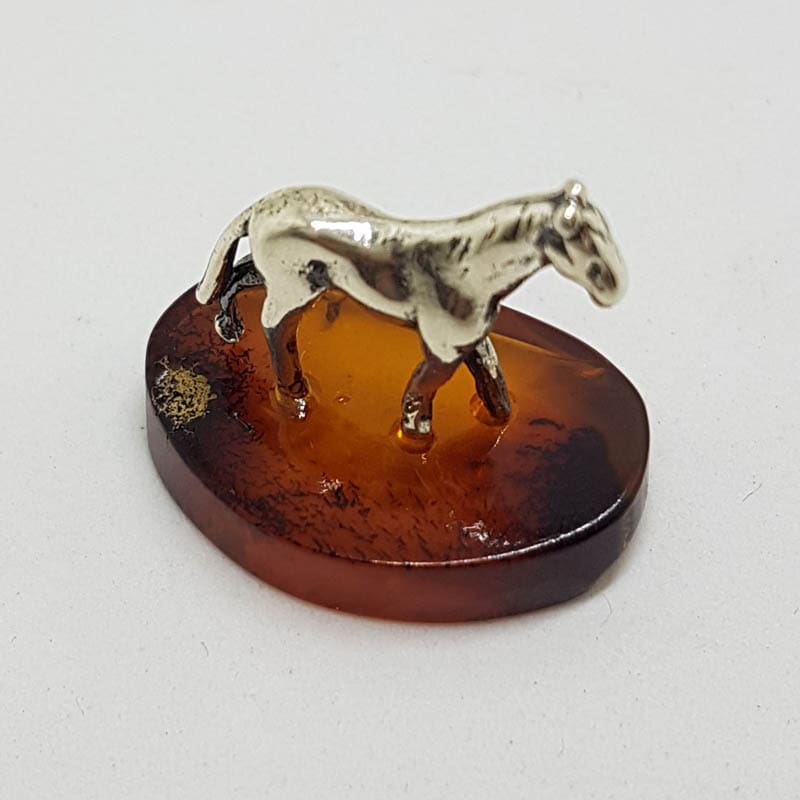 Horse / Equestrian - Solid Sterling Silver Natural Baltic Amber Small Animal Figurine / Statue / Sculpture