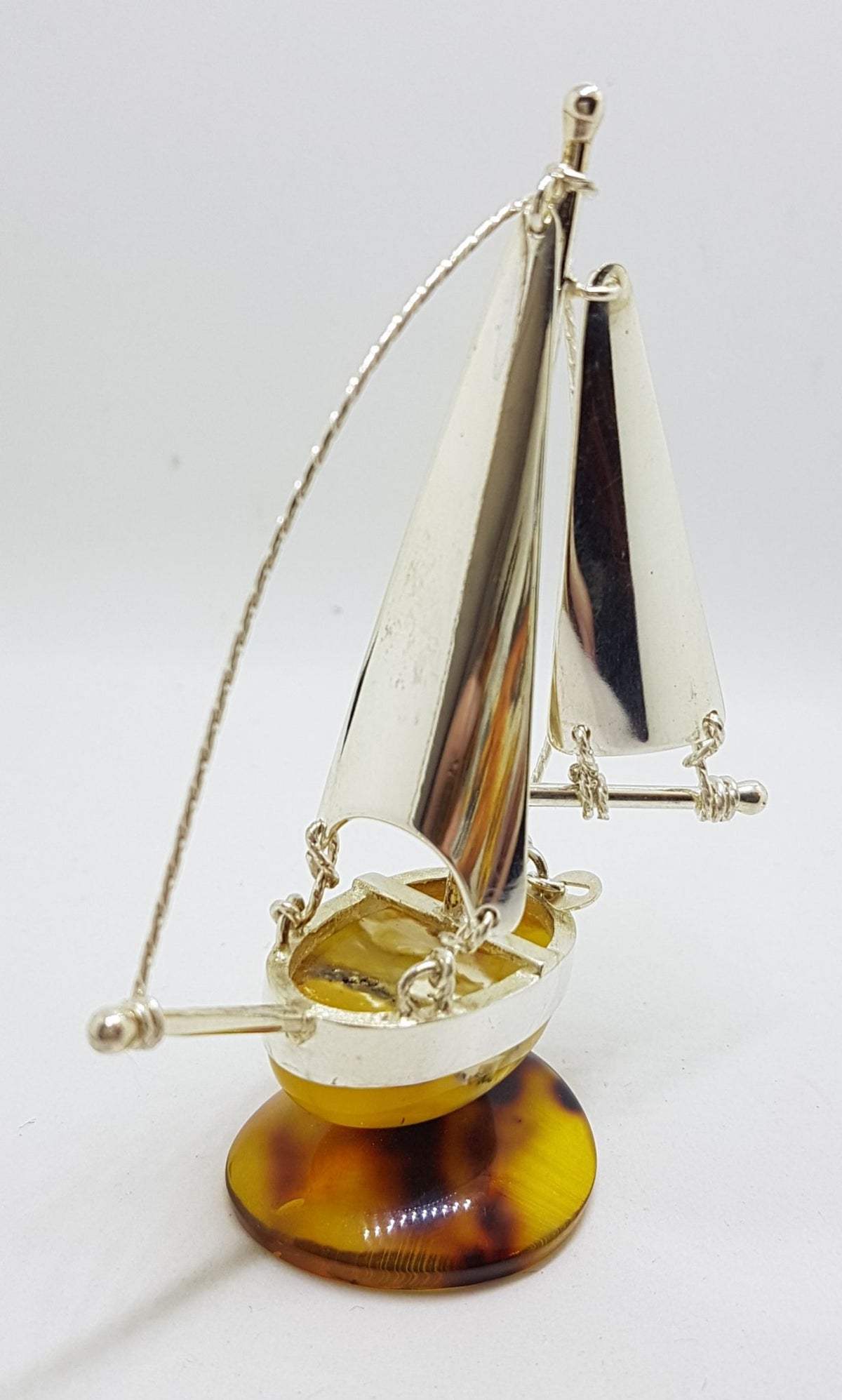 Tall Sailing Ship / Boat / Yacht - Solid Sterling Silver Natural Baltic Amber Figurine / Statue / Sculpture