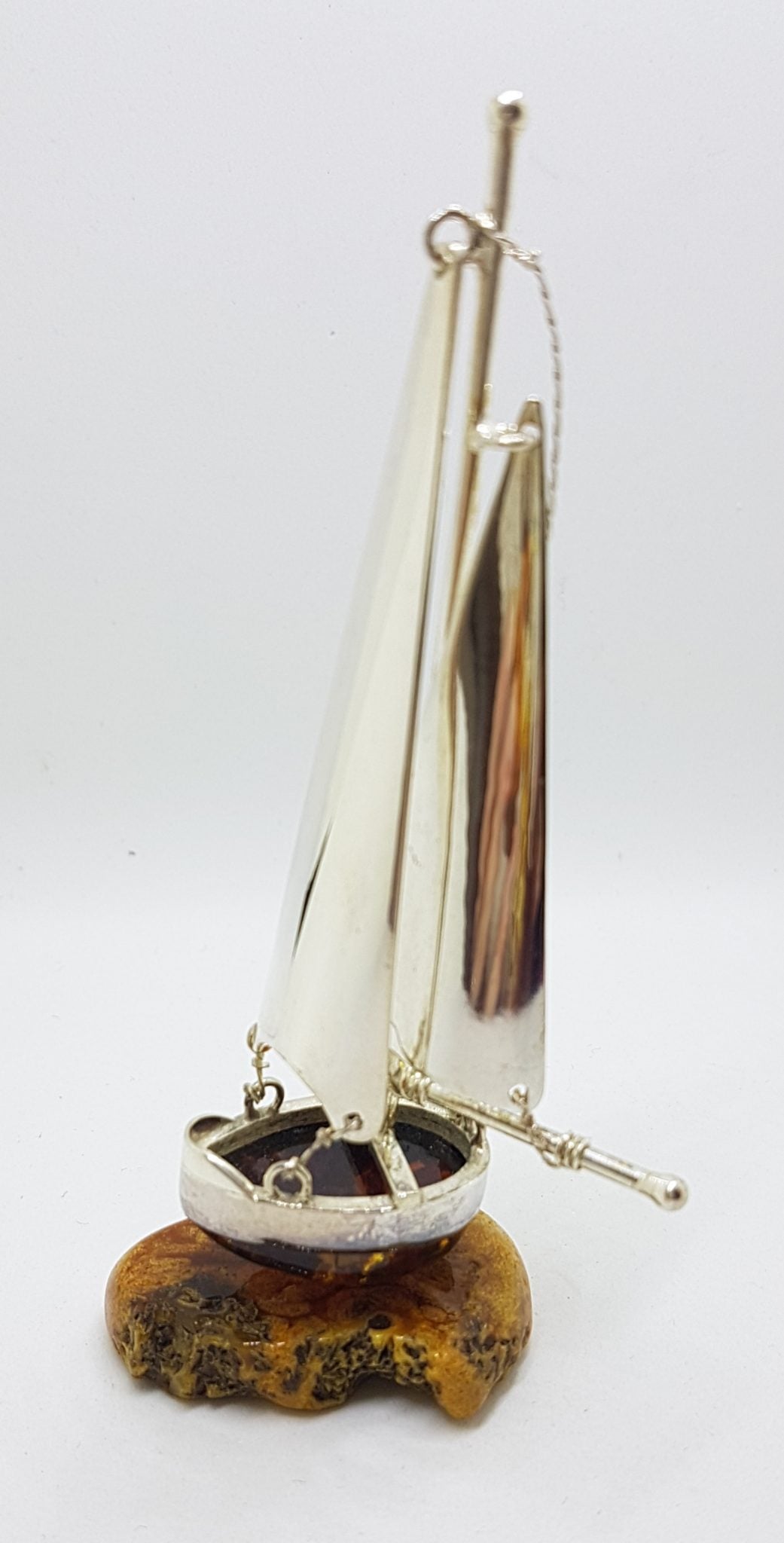 Tall Sailing Ship / Boat / Yacht - Solid Sterling Silver Natural Baltic Amber Figurine / Statue / Sculpture