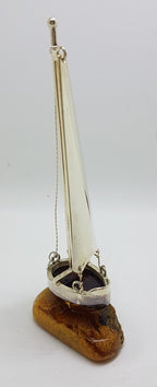 Tall Sailing Ship / Boat / Yacht - Solid Sterling Silver Natural Baltic Amber Figurine / Statue / Sculpture