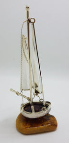 Tall Sailing Ship / Boat / Yacht - Solid Sterling Silver Natural Baltic Amber Figurine / Statue / Sculpture