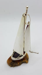 Tall Sailing Ship / Boat / Yacht - Solid Sterling Silver Natural Baltic Amber Figurine / Statue / Sculpture