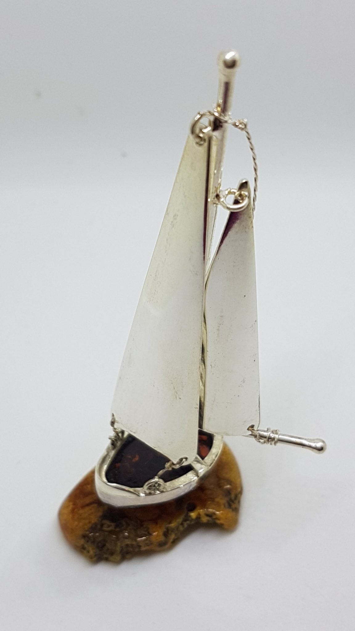 Tall Sailing Ship / Boat / Yacht - Solid Sterling Silver Natural Baltic Amber Figurine / Statue / Sculpture