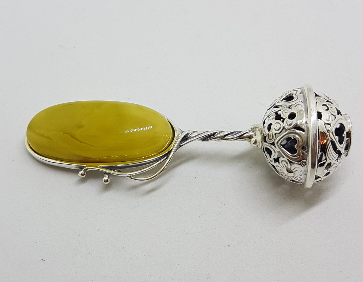 Solid Sterling Silver Baby Rattle With Oval Natural Baltic Butter Amber - Engravable - Ornate