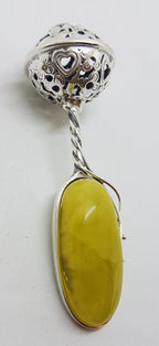 Solid Sterling Silver Baby Rattle With Oval Natural Baltic Butter Amber - Engravable - Ornate