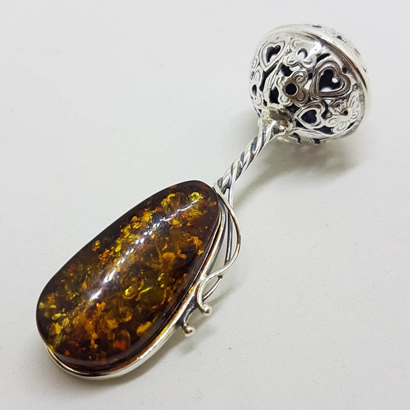 Solid Sterling Silver Baby Rattle Natural Baltic Amber - Engravable - Ornate