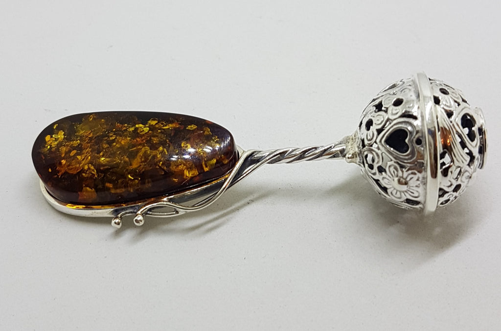 Solid Sterling Silver Baby Rattle Natural Baltic Amber - Engravable - Ornate
