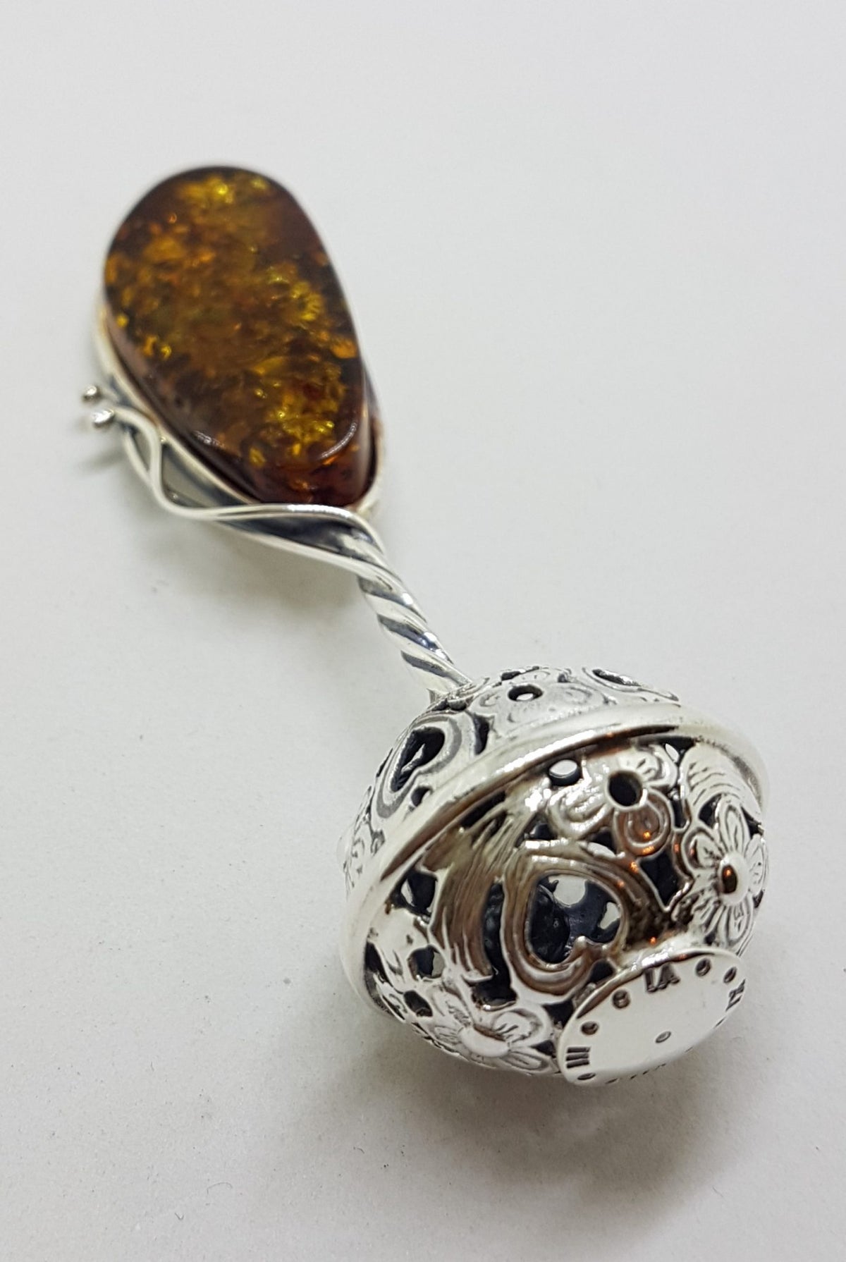Solid Sterling Silver Baby Rattle Natural Baltic Amber - Engravable - Ornate