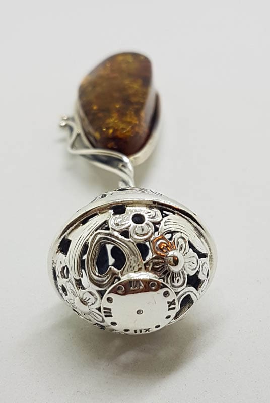Solid Sterling Silver Baby Rattle Natural Baltic Amber - Engravable - Ornate
