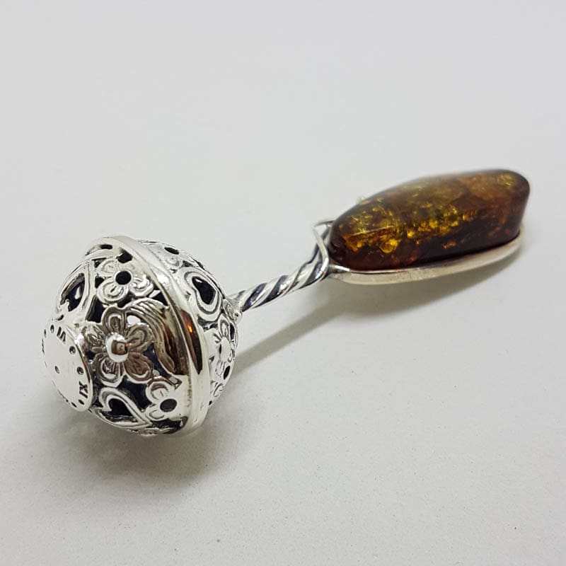 Solid Sterling Silver Baby Rattle Natural Baltic Amber - Engravable - Ornate