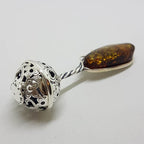Solid Sterling Silver Baby Rattle Natural Baltic Amber - Engravable - Ornate