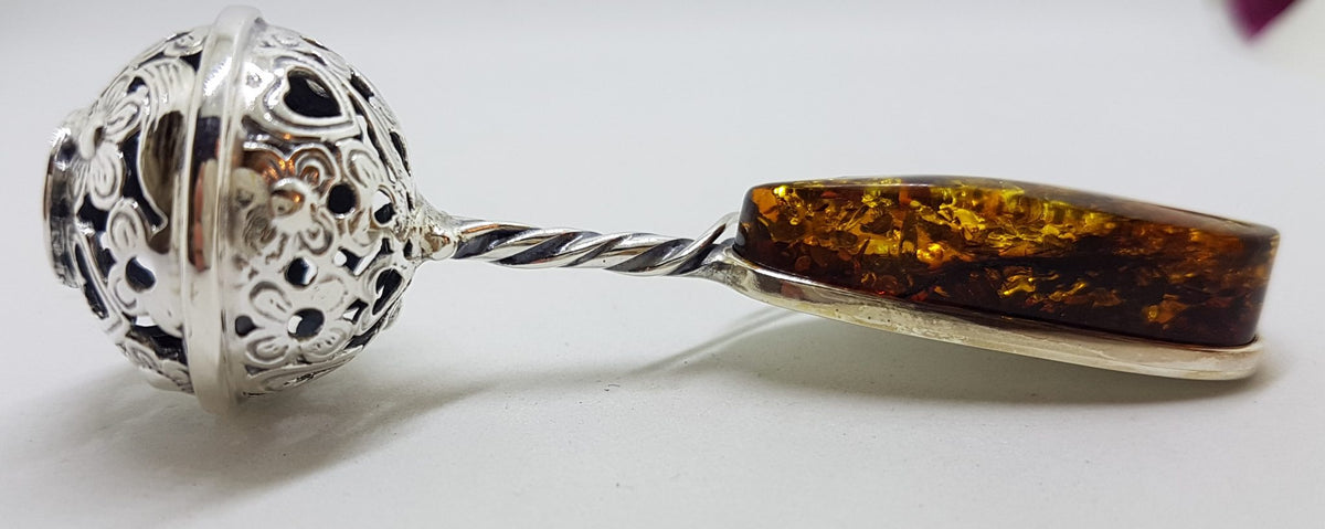 Solid Sterling Silver Baby Rattle Natural Baltic Amber - Engravable - Ornate