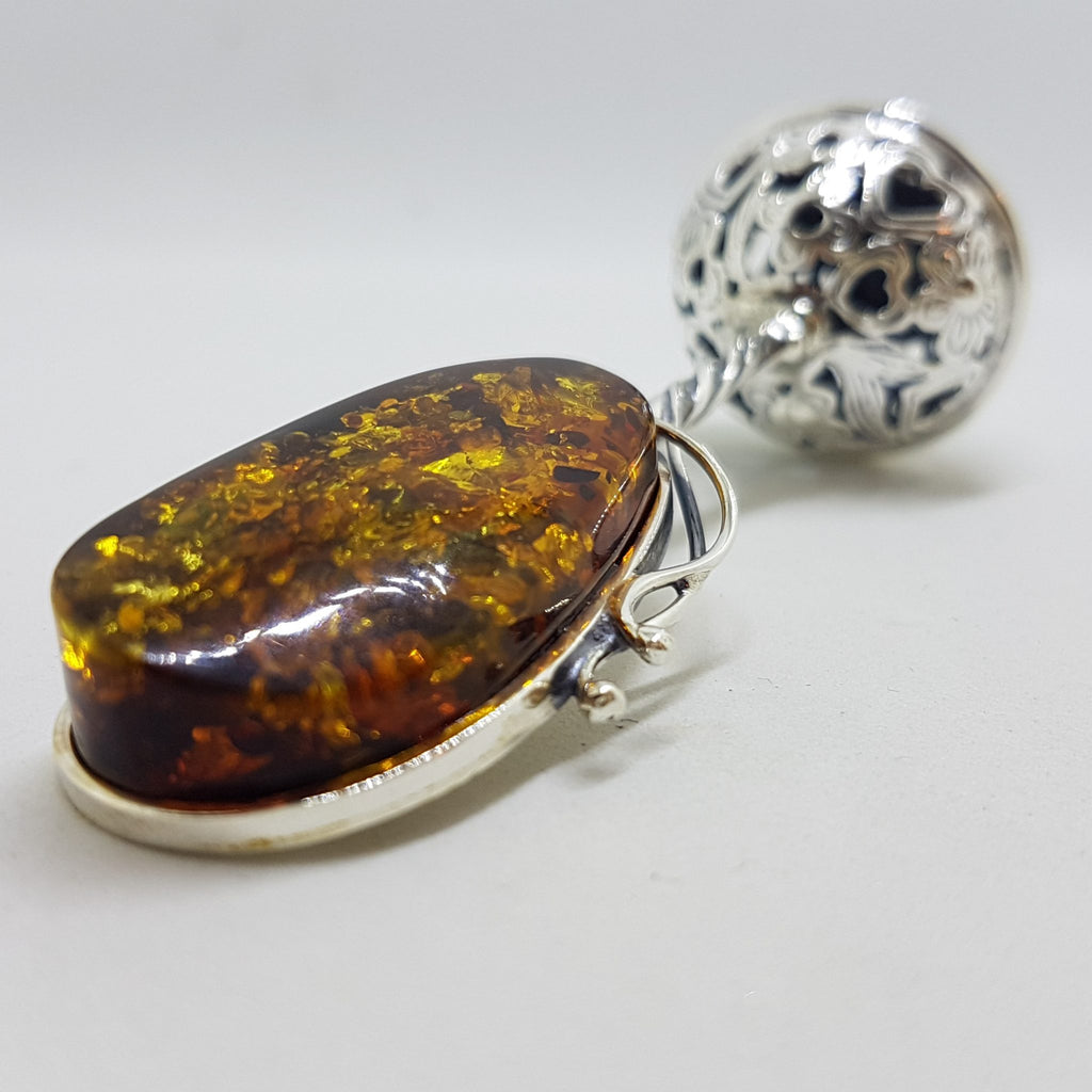Solid Sterling Silver Baby Rattle Natural Baltic Amber - Engravable - Ornate