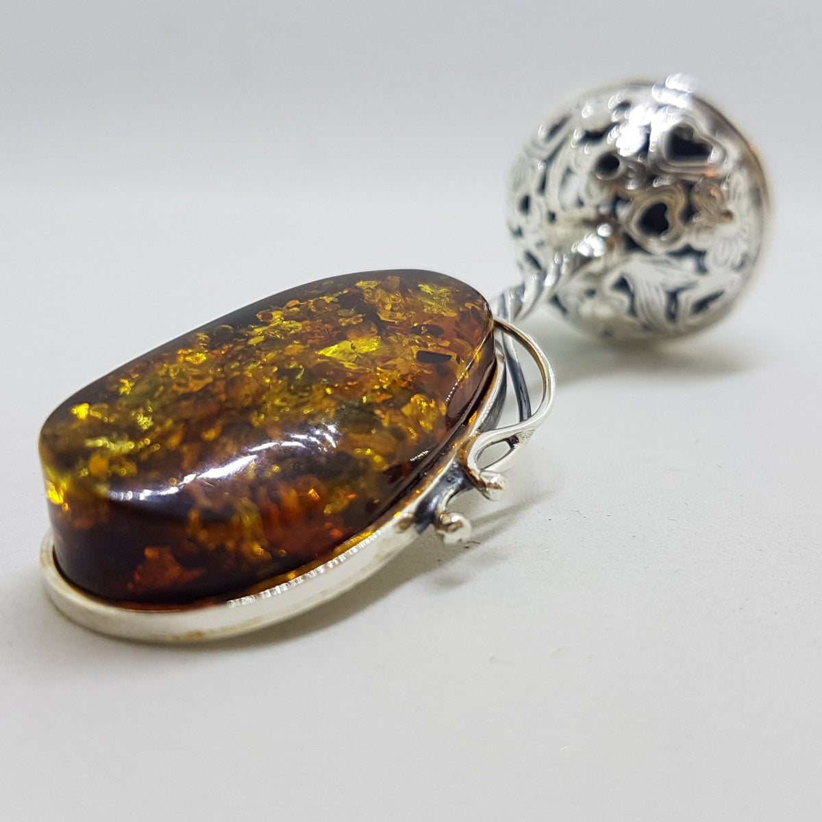 Solid Sterling Silver Baby Rattle Natural Baltic Amber - Engravable - Ornate