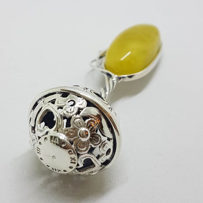 Solid Sterling Silver Baby Rattle With Oval Natural Baltic Butter Amber - Engravable - Ornate