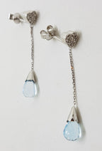 18ct White Gold Teardrop Topaz with Diamond Heart Long Drop Earrings