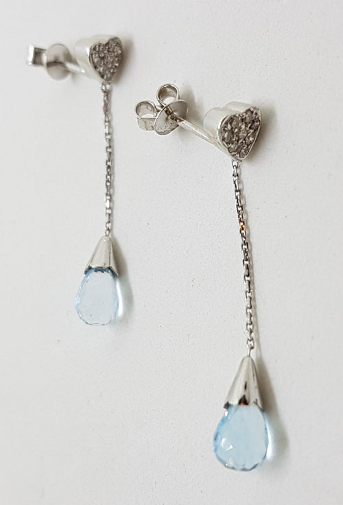 18ct White Gold Teardrop Topaz with Diamond Heart Long Drop Earrings