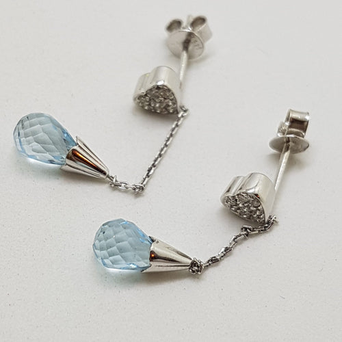 18ct White Gold Teardrop Topaz with Diamond Heart Long Drop Earrings