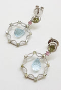 18ct White Gold Topaz, Pink Sapphire and Diamond Round Drop Earrings
